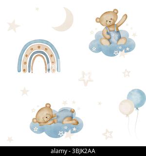 Nahtloses Muster von Teddybären auf Wolken, schlafend und winkend, umgeben von Sternen und Monden in Blautönen. Illustration des Hintergrunds für Kinderzimmer-Tapeten oder Textildesign. Jungtiere. Stockfoto
