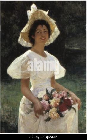 Alexandre Jacques Chantrons *Une jeune femme aux Roses* (Eine junge Frau mit Rosen) 1918 ist ein Ölgemälde einer jungen Frau, die Rosen hält. Die Arbeit konzentriert sich auf die Weichheit des Ausdrucks des Themas und die lebendigen Farben der Blumen. Stockfoto