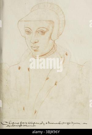 Dieses Porträt von Jacques Le Boucq aus dem 16. Jahrhundert zeigt Christine von Dänemark, Herzogin von Mailand. Er wurde um 1570 bemalt und ist Teil der Sammlung „Receuil d'Arras“. Stockfoto