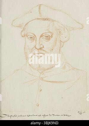 Porträt von Kardinal Cristofo Romadruzzo von Jacques Le Boucq, um 1570, aus dem „Receuil d'Arras“. Das Porträt zeigt einen religiösen Führer aus dem 16. Jahrhundert in feinen Details. Stockfoto