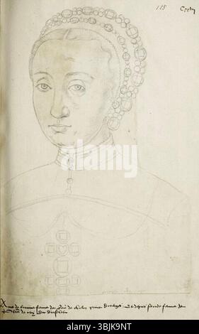 Jacques Le Boucq malte um 1570 Anne von Lothringen, Ehefrau von Rene de Chalon. Dieses Porträt gehört zur Sammlung von Porträts des Receuil d'Arras aus dem 16. Jahrhundert. Stockfoto
