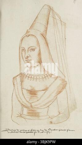 Dieses Porträt zeigt Beatrice von Coimbra, Prinzessin von Portugal im 16. Jahrhundert, gemalt um 1570 von Jacques Le Boucq als Teil der Sammlung von kopierten Porträts von Receuil d’Arras. Stockfoto