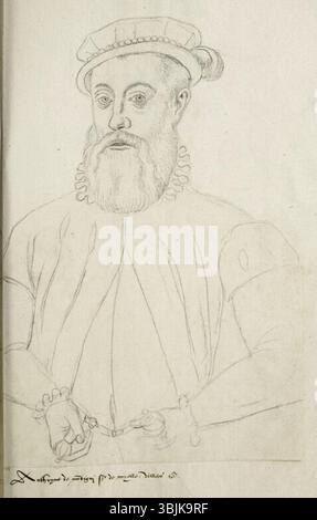 Dieses Porträt zeigt Antoine de Montigny, Gouverneur von Bouchain im 16. Jahrhundert, gemalt um 1570 von Jacques Le Boucq als Teil der Sammlung kopierter Porträts von Receuil d’Arras. Stockfoto