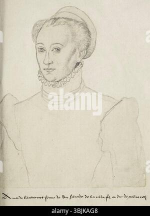 Das um 1570 entstandene Porträt von Jacques Le Boucq zeigt Anne Bernemicourt, die Ehefrau von Fernando de la Cerda y Silva. Das Werk ist Teil der Porträtsammlung Receuil d’Arras aus dem 16. Jahrhundert. Stockfoto