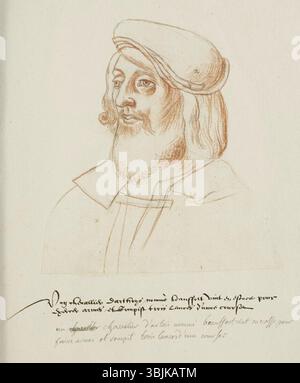 Dieses Porträt zeigt einen namenlosen Ritter aus der Familie Beaufort, gemalt um 1570 von Jacques Le Boucq als Teil der Sammlung von kopierten Porträts von Receuil d’Arras aus dem 16. Jahrhundert. Stockfoto