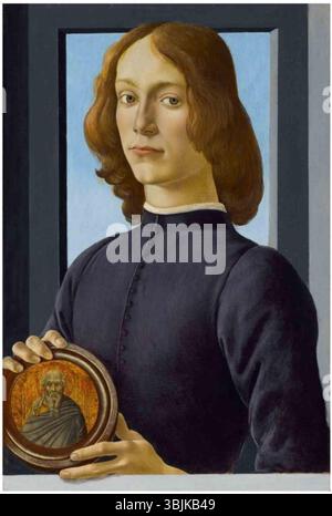 Sandro Botticellis *Portrait of a Young man Holding a Rondel* (ca. 1480–1485) zeigt eine junge Figur mit einem dekorativen Rondell. Das Werk ist bekannt für seine feinfühlige Darstellung der Merkmale und Kleidung des Motivs. Stockfoto