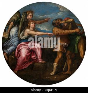 Ölgemälde von Battista Franco Veneziano von 1556 bis 1557, die Celerity, Fleiß und Praxis als personifizierte Konzepte darstellt. Untergebracht in der Biblioteca Marciana, Venedig. Stockfoto