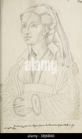 Jacques Le Boucq malte um 1570 Anne de Lannoy, Ehefrau von Leon de Proisy. Das Porträt ist Teil des Receuil d’Arras aus dem 16. Jahrhundert, einer Sammlung von Porträts, die von Le Boucq kopiert wurden. Stockfoto