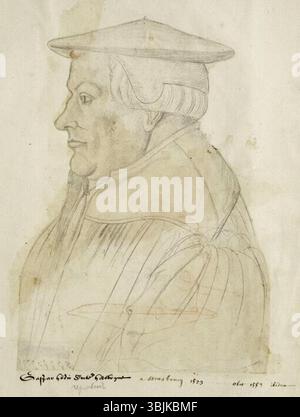 Dieses Porträt zeigt Caspar Hedio, einen protestantischen Reformator des 16. Jahrhunderts, gemalt um 1570 von Jacques Le Boucq als Teil der Sammlung kopierter Porträts von Receuil d’Arras. Stockfoto