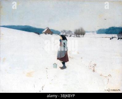 Hans Andersen Brendekildes „EN spadseretur i sneen“ (Ein Spaziergang im Schnee) zeigt eine Einzelfigur, die durch eine schneebedeckte Landschaft wandert. Das zwischen 1875 und 1942 entstandene Gemälde fängt die heitere Schönheit des Winters und die kontemplative Stimmung der Figur ein und verbindet Realismus mit emotionaler Tiefe. Stockfoto