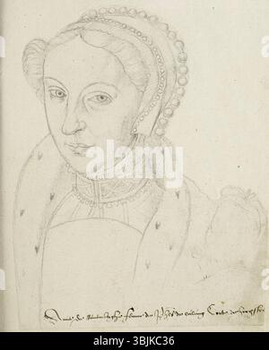 Das um 1570 entstandene Porträt von Jacques Le Boucq zeigt Anna von Rennenberg, die Ehefrau von Philip de Lalaing. Das Gemälde gehört zur Sammlung von Porträts des Receuil d’Arras aus dem 16. Jahrhundert. Stockfoto