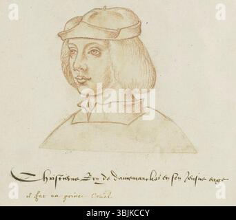 Porträt von Christian II., König von Dänemark, gemalt von Jacques Le Boucq um 1570. Dieses Stück ist Teil des „Receuil d'Arras“, einer Sammlung von Porträts bemerkenswerter Persönlichkeiten aus dem 16. Jahrhundert. Stockfoto