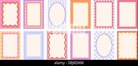 Gewellte Retro-Rahmen. Helle geometrische Kanten und Muster Cover, Kunsteinladungen oder Postkartendesign. Doodle Squiggly-Rahmen, rassige Vektorset Stock Vektor