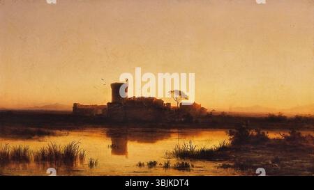 „Tóparti vár“ (1874) von Antal Ligeti zeigt eine Burg am See und zeigt Ligetis Meisterschaft in der Landschaftsmalerei. Das Öl auf Leinwand misst 47x85 cm und fängt die ruhige Atmosphäre der Seeszene ein. Stockfoto