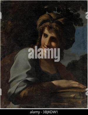 Ölgemälde von Giovanni Francesco Romanelli, die eine büstenlange Sybil darstellt, die nach links blickt und ihre Hand auf Büchern auflegt, die in den 1600er Jahren entstanden sind Stockfoto