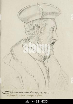 Porträt von Kardinal Karl von Lothringen von Jacques Le Boucq, um 1570 entstanden. Dieses Stück ist Teil des „Receuil d'Arras“ mit Porträts historischer Persönlichkeiten aus dem 16. Jahrhundert. Stockfoto
