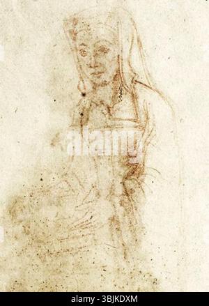Jacques Le Boucq (1520–1573) malte um 1570 ein Porträt von Anne von Bourgogne, der unehelichen Tochter Philipps des Guten. Dieses Werk ist Teil der Receuil d’Arras, einer Sammlung von Porträts aus dem 16. Jahrhundert. Stockfoto