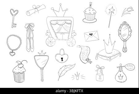 Prinzessin Set süße handgezeichnete Skizze. Magischer Feenspiegel, Wettbewerb, Krone, märchenhafte Fantasie. Königliches Accessoire. Buchstabe und Taste. Vektorabbildung Stock Vektor