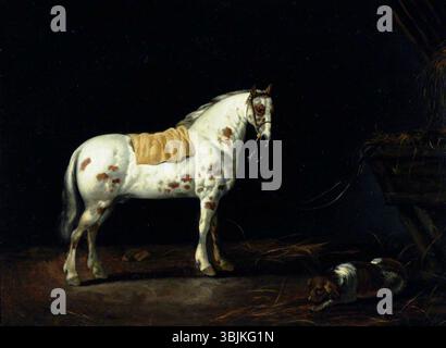 Van Calraet, Abraham Pietersz.; Hengst mit Hund in einem Stall; National Trust, Nostell Priory; http://www.artuk.org/artworks/a-dappled-stallion-with-a-dog-in-a-stable-170648 Stockfoto