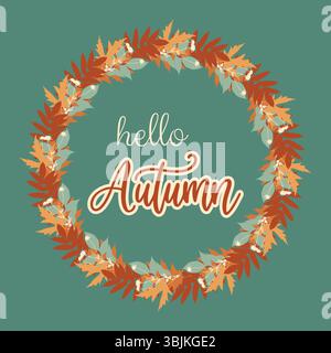 Karte mit Herbstblatt-Silhouetten und Hello Herbstaufschrift. . Vektorabbildung Stock Vektor