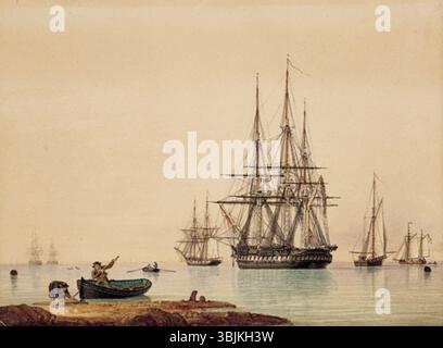 John Wards Studie von 1820 über die H.M.S. rachsüchtige liefert eine Hafenansicht des drittklassigen Schiffes in Portsmouth im Jahr 1813. Die Arbeit mit Stift, Tinte und Aquarell wurde als Studie für zwei Ölgemälde des Künstlers erstellt. Stockfoto