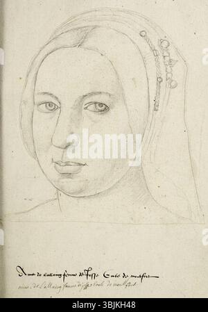 Jacques Le Boucq schuf um 1570 ein Porträt von Anne de Lalaing, Ehefrau von Joost van Montfoort. Dieses Gemälde aus dem 16. Jahrhundert ist Teil der Sammlung Receuil d'Arras. Stockfoto