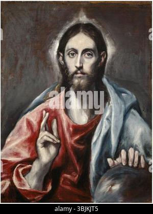 El Grecos „Christ Sening“ (um 1600), auch bekannt als „der Heiland der Welt“, ist ein Öl auf Leinwand, das Christus als Segen darstellt. Das Stück spiegelt El Grecos einzigartigen Stil wider und verbindet religiöse Ikonographie mit ausdrucksstarken Farben. Stockfoto