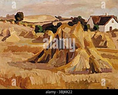 Fynsk høstlandskab von Fritz Syberg ist ein Ölgemälde aus dem Jahr 1919, das eine Ernteszene auf der dänischen Insel Funen darstellt. Das Gemälde zeigt Arbeiter, die auf den goldenen Feldern unter hellem Himmel Getreide sammeln. Stockfoto
