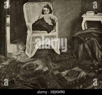 „Der weiße Stuhl“ von Fritz Burger, gemalt in den frühen 1900er Jahren, ist ein Stillleben mit einem weißen Stuhl. Die Einfachheit des Kunstwerks und der Fokus auf ein einzelnes Objekt spiegeln Themen wie Isolation, stille Besinnung und minimalistisches Design wider. Stockfoto