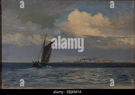 Vilhelm Arnesens Gemälde „Maritime Motif“ zeigt Schiffe vor einer Insel mit einem Leuchtturm in der Ferne, der eine nautische Szene auf dem Meer zeigt. Stockfoto