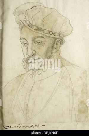 Ein Porträt von Karl IX., König von Frankreich, um 1570, das Jacques Le Boucq zugeschrieben wurde, zeigt königliche Kleidung und königliche Ikonographie aus dem 16. Jahrhundert. Stockfoto