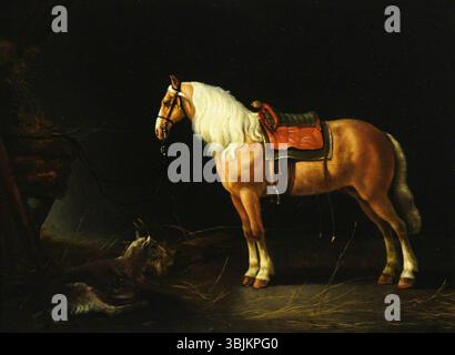 Van Calraet, Abraham Pietersz.; Ein gesatteltes Pferd mit einer Ziege in einem Stall; National Trust, Nostell Priory; http://www.artuk.org/artworks/a-saddled-horse-with-a-goat-in-a-stable-170649 Stockfoto