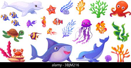 Kindliche Unterwassertiere Set. Meeresozeanbewohner Tier, tropische Fische mit Algen Korallen Meereswelt unter Wasser Leben Delfin Qualle Tintenfisch, Swanky Vektor Illustration Original Kunstwerk Stock Vektor