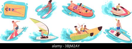 Wasseraktivitäten für Menschen. Mann Frau Meer Strand Aktivität Freizeit, extremer Sport Surf Segel Board Boot Ski Wassersport Bananenschwimmen Sommerurlaub Urlaub, klassische Vektor Illustration Original Kunstwerk Stock Vektor