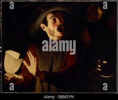 Trophime Bigot (1579–1650) malte um 1625 Schreiender Mann. Dieses Ölgemälde auf Leinwand fängt eine ausdrucksstarke männliche Figur in einem Moment emotionaler Intensität ein, typisch für barocken dramatischen Stil. Stockfoto