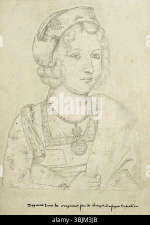 Das Porträt der Katharina von Egmont von Jacques Le Boucq (um 1570) ist Teil der Sammlung „Receuil d'Arras“. Katharina d’Egmont war die Tochter von Johannes III. Von Egmont, und das Porträt zeigt ihr edles Erbe im Europa des 16. Jahrhunderts. Stockfoto