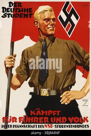 Ludwig Hohlweins Propagandaplakat „der Deutsche Student“ aus dem Jahr 1936 zeigt ein heroisches Porträt eines Mitglieds des nationalsozialistischen Deutschen Studentenbundes (NSD-STB) in Hitlerjugend-ähnlicher Uniform. Der Schüler hält die Hakenkreuzfahne und fördert damit die Nazi-Ideologie. Dieses Stück betont die Rolle der Studenten bei der Unterstützung des Führers und des Volkes während des Nazi-Regimes. Stockfoto