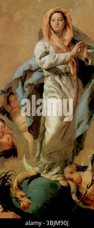 Giovanni Battista Tiepolo (1696–1770) malte 1767 „die Unbefleckte Empfängnis“, ein Fresko, das die Reinheit der Jungfrau Maria veranschaulicht. Dieses Detail zeigt die symbolische Darstellung des göttlichen Triumphes. Stockfoto