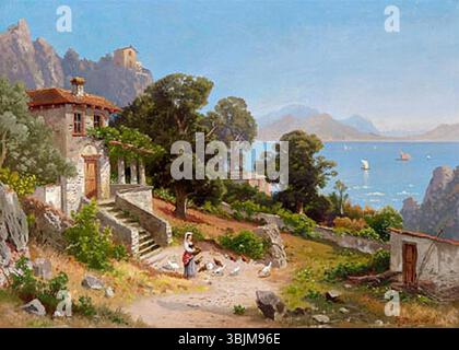 Carl Gustav Roddes Gemälde *Ein norditalienischer See* zeigt eine ruhige Seenlandschaft in Norditalien und zeigt die natürliche Schönheit der Region. Das Kunstwerk ist in Öl auf Leinwand gerendert und spiegelt Roddes Kunst wider, Licht und Atmosphäre einzufangen. Stockfoto