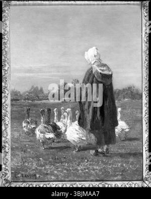 The Gooseherd von Constant Troyon (1810–1865) ist ein Ölgemälde auf der Tafel. Es zeigt eine ländliche Szene mit einem jungen Hirten, der in einer Hirtenlandschaft über eine Gänsenherde wacht. Troyons Fokus auf Naturalismus und Liebe zum Detail in den Tieren und der Landschaft spiegeln seine Meisterschaft der Malerei der französischen Barbizon-Schule wider. Stockfoto