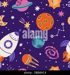 Nahtloses Raummuster. Zeichentrickraketen, Planeten und Sterne, sich wiederholende Kosmoselemente, Schwerelosigkeit, Sternbilder. Textil, Geschenkpapier, Tapete Stock Vektor