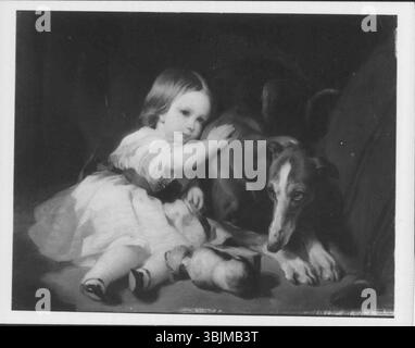 *Princess Alice and EOS* von Sir Edwin Landseer (1802–1873) ist ein Ölgemälde aus dem Jahr 1844, das Prinzessin Alice, Gräfin von Athlone, mit ihrem Hund EOS darstellt. Landseers charakteristisches Geschick mit Tierdarstellungen zeigt sich in diesem intimen königlichen Porträt. Stockfoto
