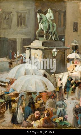 Düsseldorfi turg von Paul Raud (1865–1930) ist ein Ölgemälde auf Leinwand, das eine lebhafte Marktszene in Düsseldorf darstellt. Die Komposition fängt Figuren ein, die an täglichen Aktivitäten beteiligt sind, und zeigt Rauds Fähigkeit, menschliche Figuren und das urbane Leben mit komplexen Details und lebendigen Farben zu repräsentieren. Stockfoto