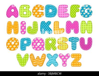 Patchwork-Schriftart. Schroffe Textil-Buchstaben, Kinder molliges Alphabet, helle Farben, gemusterte Stoffelemente, mit Fäden genäht, Blumen, Punkte und Stri Stock Vektor