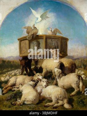 Sir Edwin Landseers „die Taufschrift“, gemalt um 1870, ist ein Öl auf Leinwand, das eine ergreifende Szene mit einer Taufe zeigt. Das Gemälde unterstreicht Landseers Fähigkeit, menschliche und tierische Emotionen einzufangen, wobei der Schwerpunkt auf die intime und zeremonielle Natur der Veranstaltung gelegt wird. Stockfoto