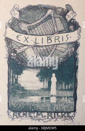 Diese Ex-Libris von Emil Orlik aus dem Jahr 1897 für Rainer Maria Rilke enthält Orliks Signatur und zeigt symbolische Bilder in einem dekorativen Buchteller. Stockfoto
