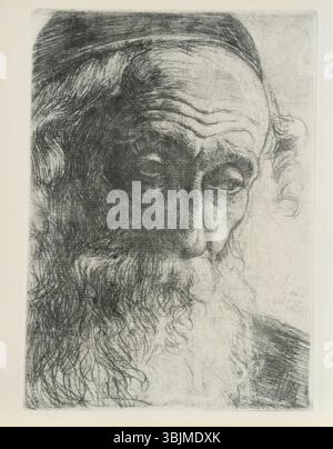 Alter Jude aus Jaffa von Hermann Struck (1876–1944) ist eine Gravur aus dem Jahr 1905, die einen älteren jüdischen Mann aus Jaffa darstellt. Das Werk spiegelt die Beherrschung der Ätztechnik und sein Interesse an der Darstellung menschlicher Emotionen durch ausdrucksstarke Gesichter wider. Stockfoto