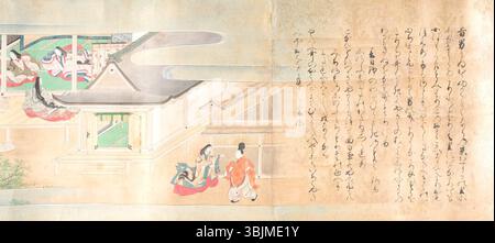 Karasumaru Mitsuhiro (1579–1638) schuf „Illustrated Tales of Ise“ (*Ise monogatari emaki*), Band 1 von 2. Diese Gemäldeserie zeigt Szenen aus dem klassischen japanischen Ise monogatari*, die erzählerische Geschichten mit lebendigen visuellen Elementen der frühen Edo-Zeit verbinden. Stockfoto