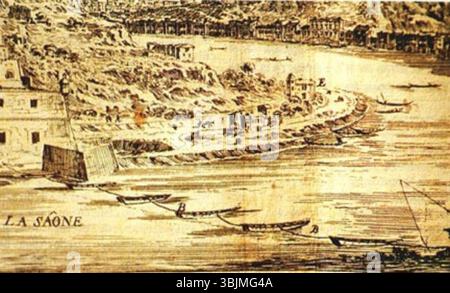 Israël Sylvestres Gravur von Lyon aus dem Jahr 1649-1650 zeigt einen Blick auf die Stadt vom Fluss Saône aus und zeigt die Befestigungsanlagen, den Fluss Saône und wichtige architektonische Strukturen entlang seiner Ufer. Stockfoto