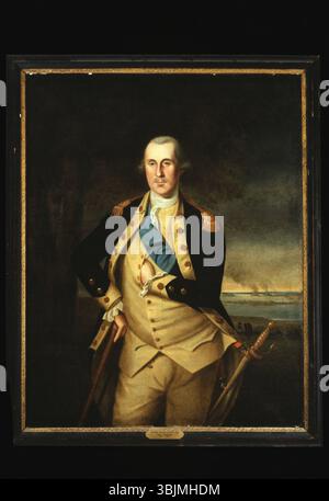 John Johnston (1752–1818) malte dieses Ölporträt von George Washington (1732–1799) um 1790. Das Werk spiegelt Washingtons Führungsrolle in der Amerikanischen Revolution und seinen Status als erster US-Präsident wider, wobei klassische Porträts seine würdevolle Präsenz unterstreichen. Stockfoto